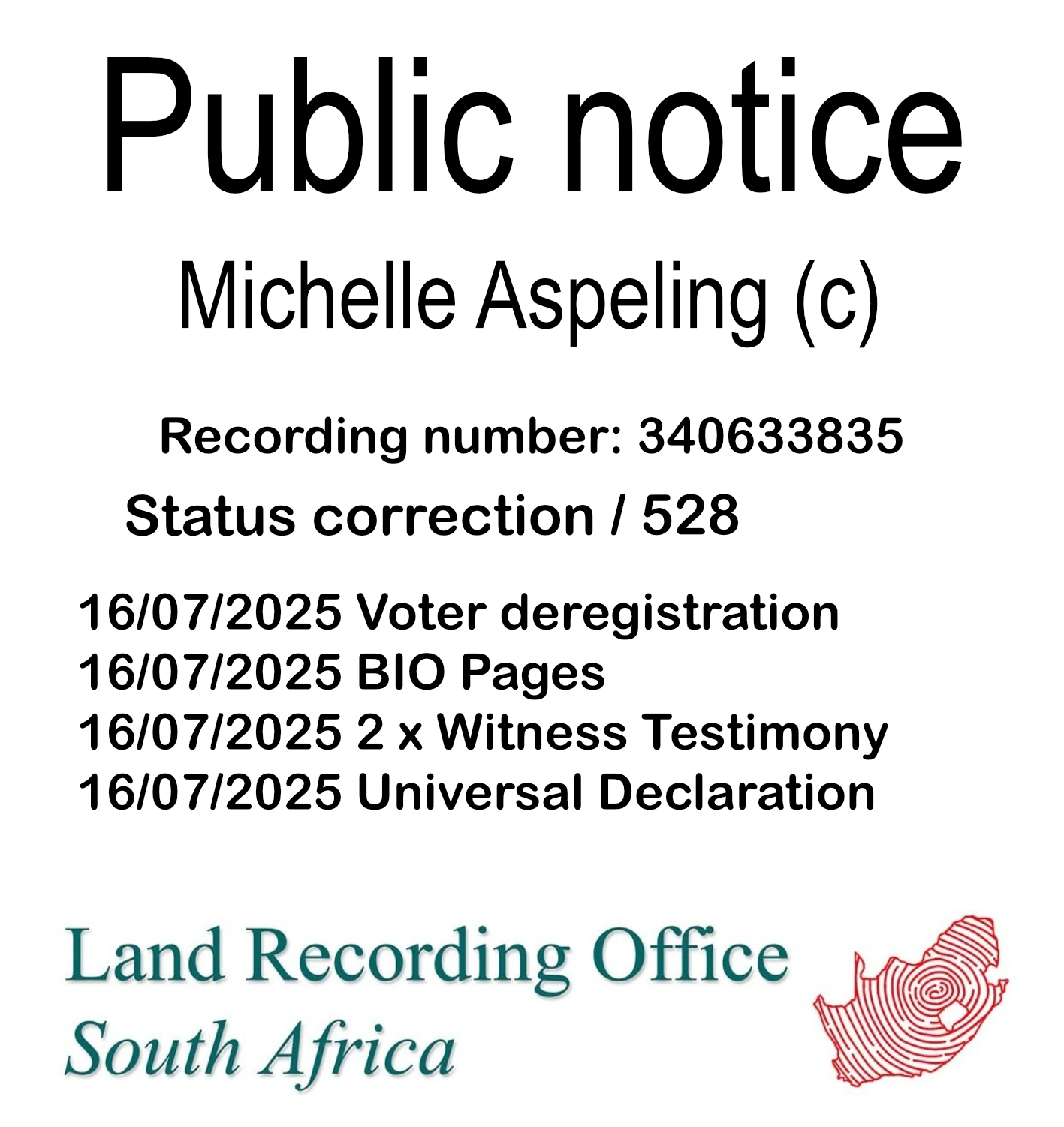 Public notice Michelle Aspeling (c) Recording number 340633835